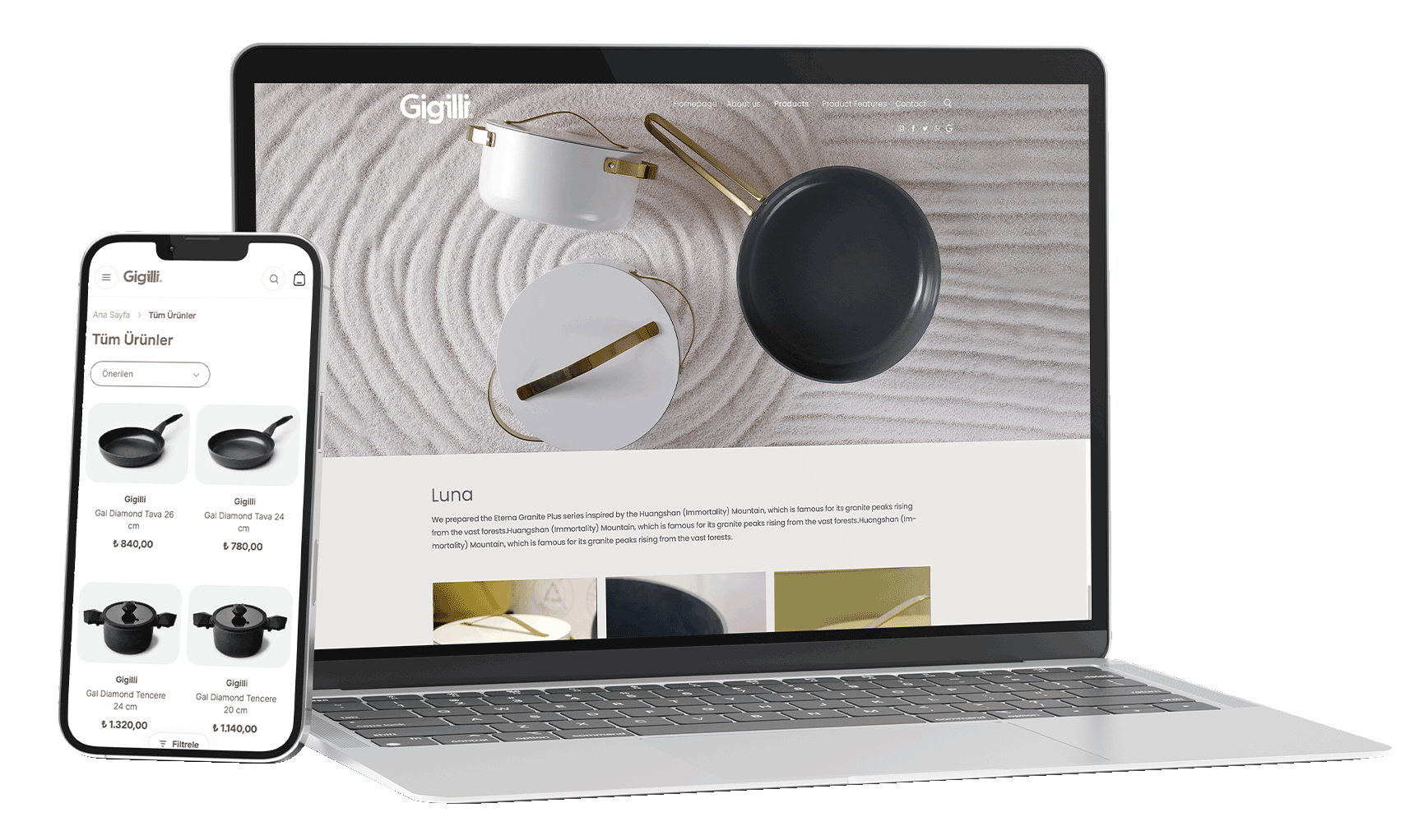 Gigilli ürün odaklı web sitesi — laptop ve mobil mockup
