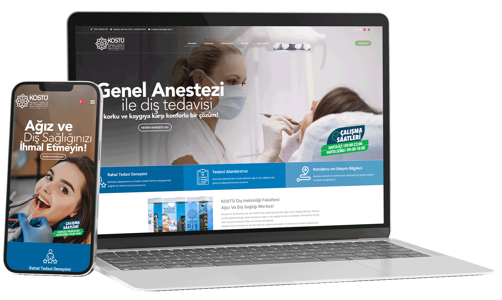 KOSTÜ web sitesi — laptop ve mobil mockup