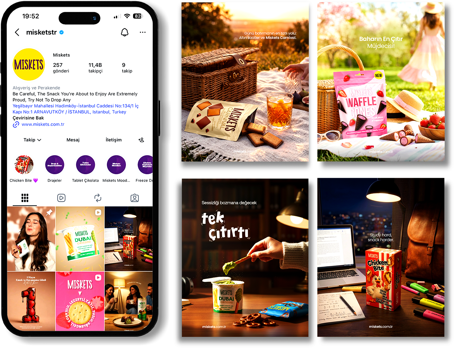 Miskets sosyal medya yönetimi için Instagram profil ve kreatif paylaşım görselleri