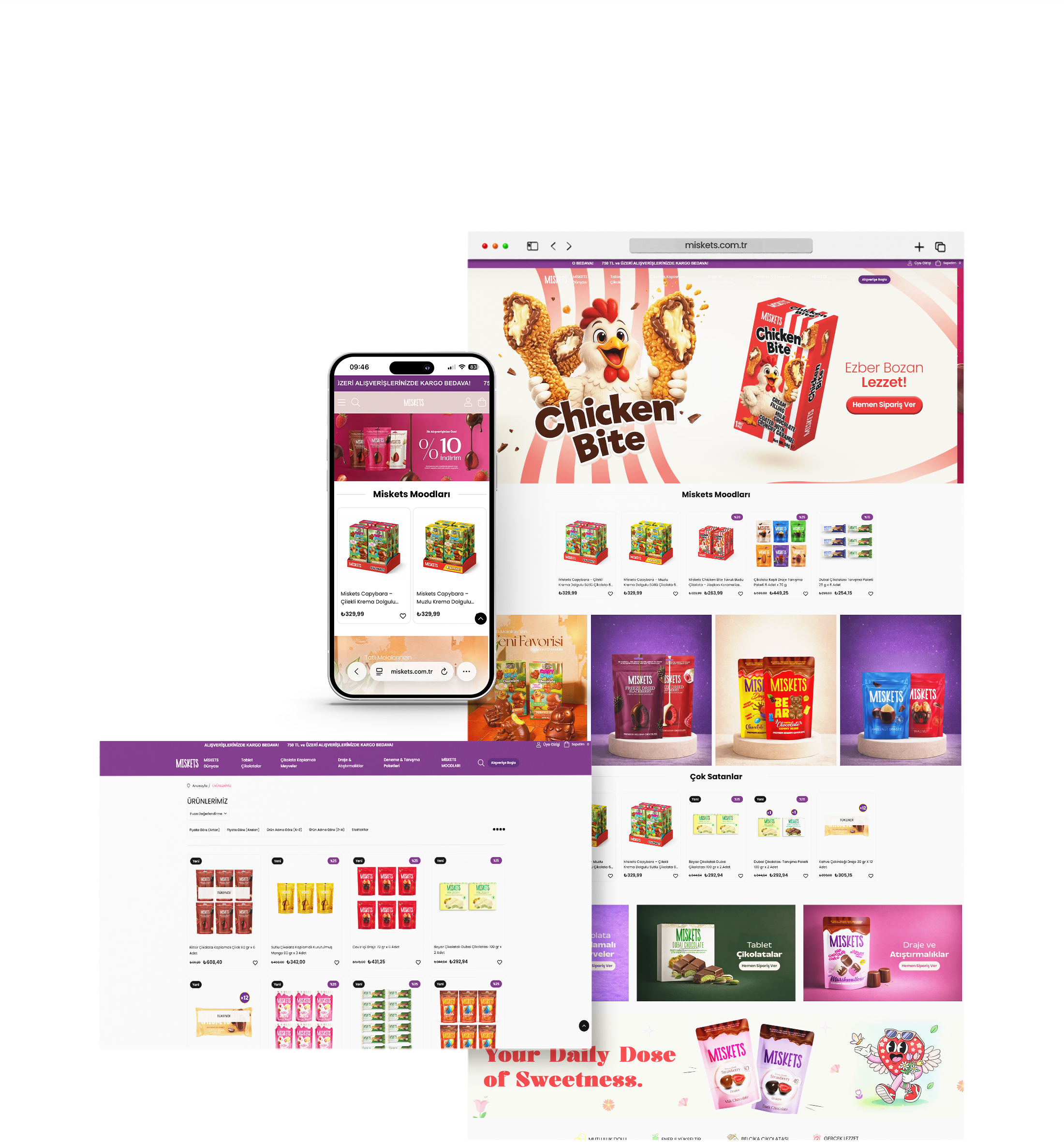 Miskets e-ticaret sitesi için masaüstü ve mobil UI tasarım kompozisyonu