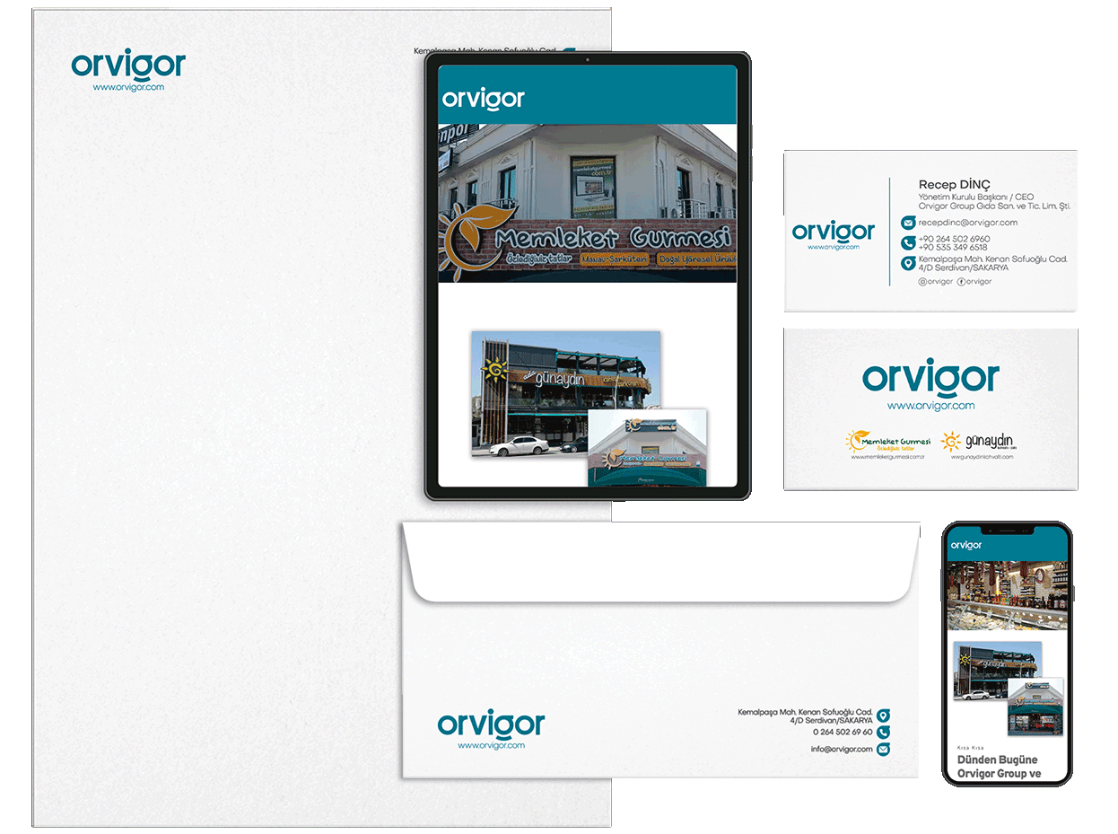 Orvigor kurumsal kimlik uygulamaları: antetli kağıt, tablet, kartvizit, zarf ve telefon