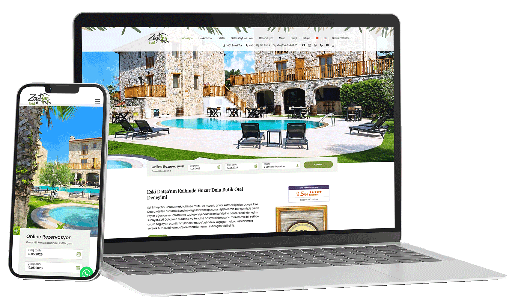 Zeytinn Hotel web sitesi — laptop ve telefon görünümü