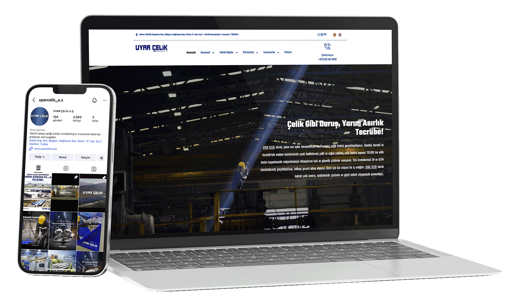 Uyar Çelik web sitesi — laptop ve telefon görünümü