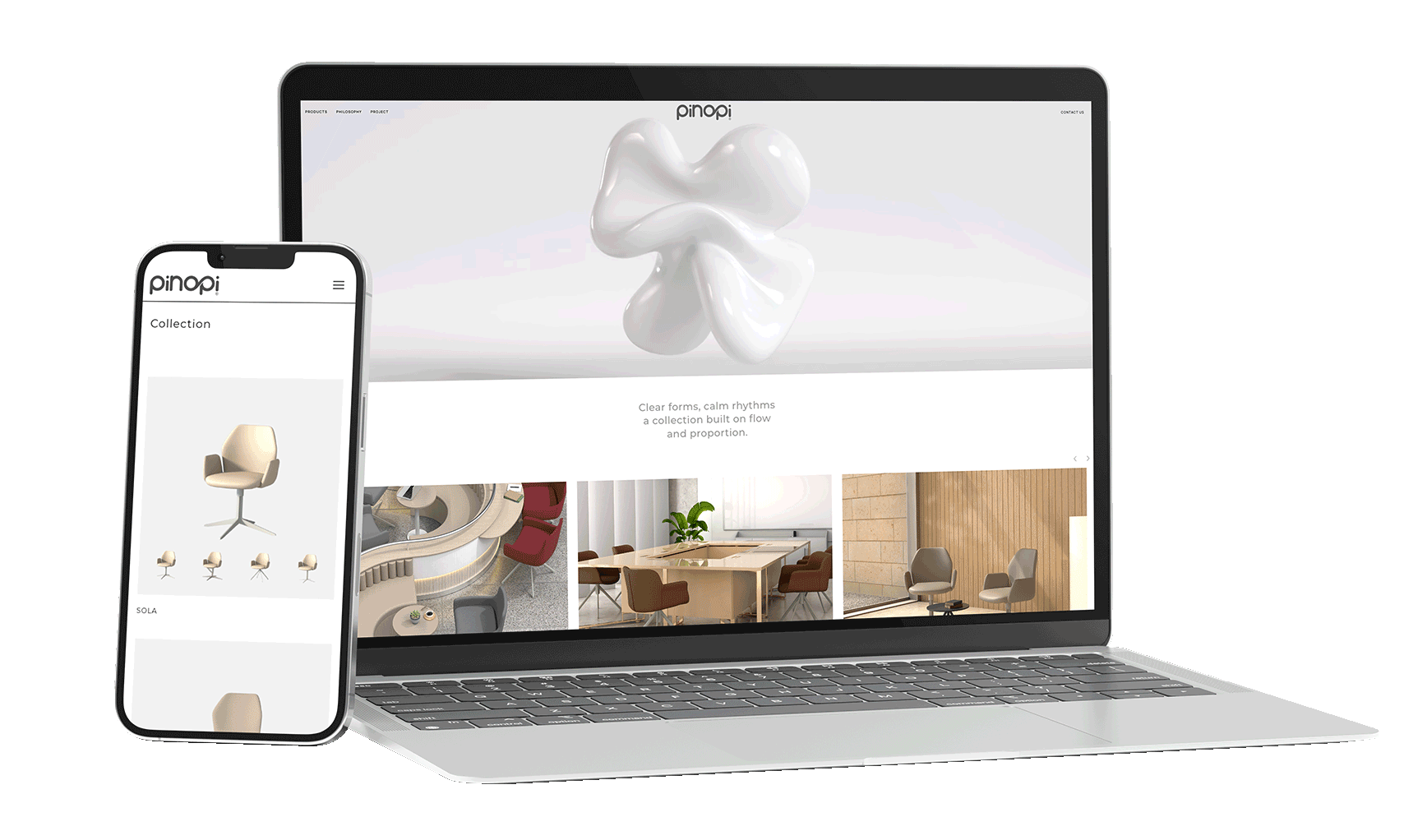 Pinopi web sitesi — laptop ve telefon görünümü