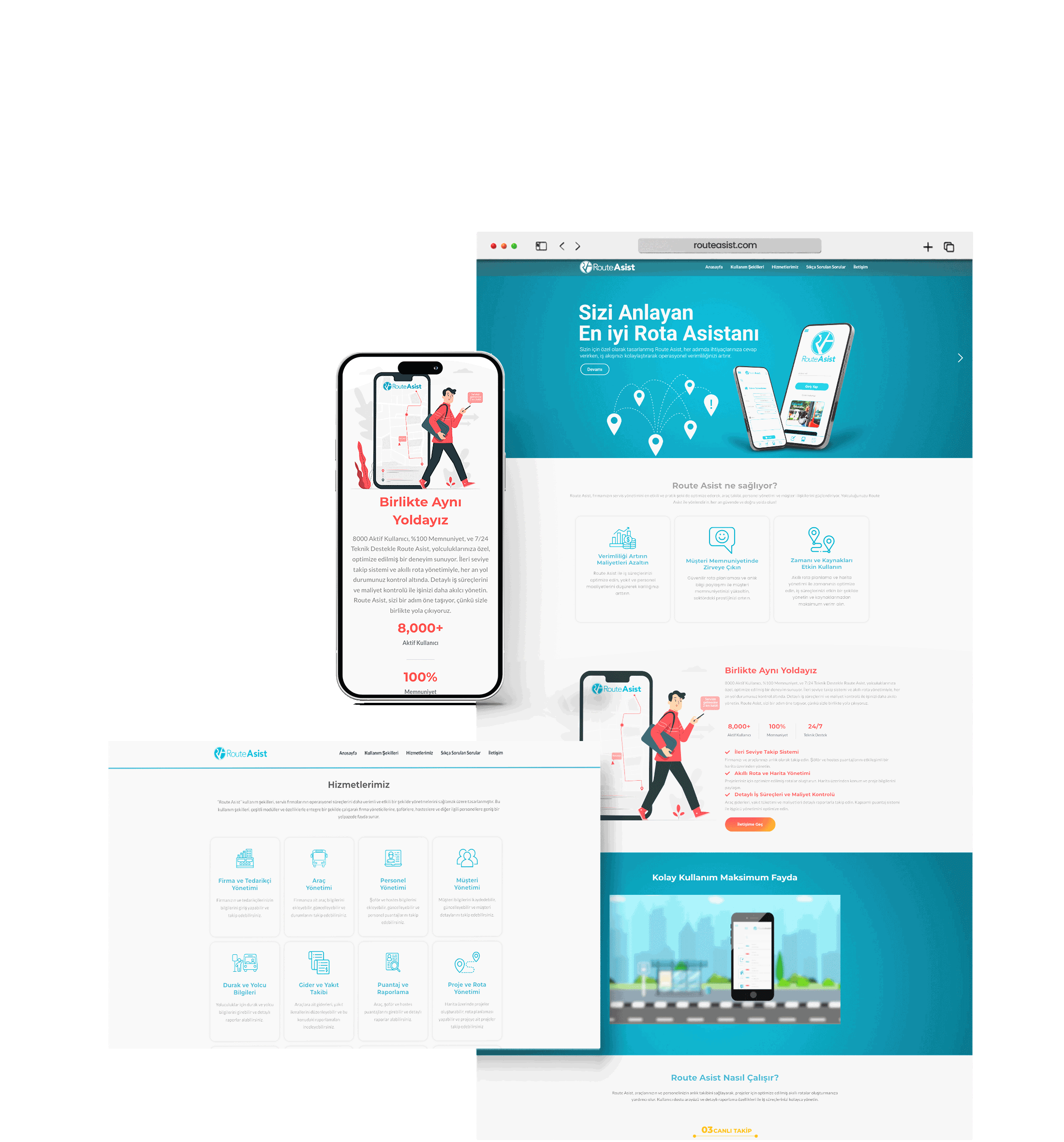 Route Asist web ve mobil uygulama arayüzleri